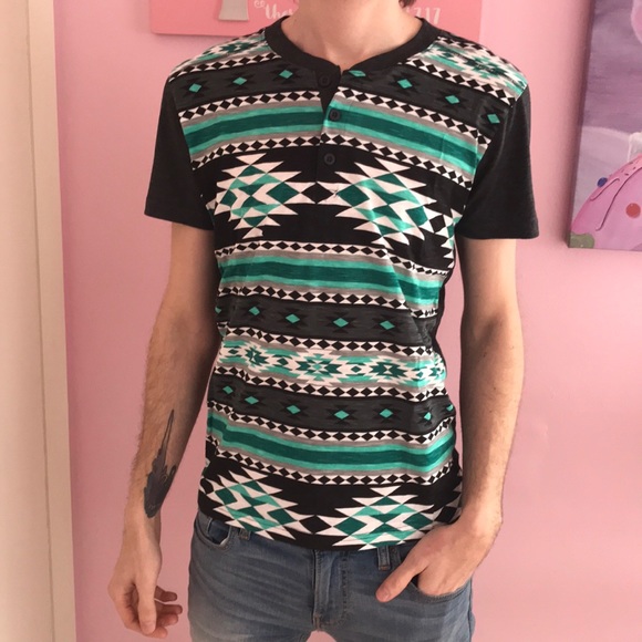 Carbon Other - Green Aztec Geometric Button-up Tee
